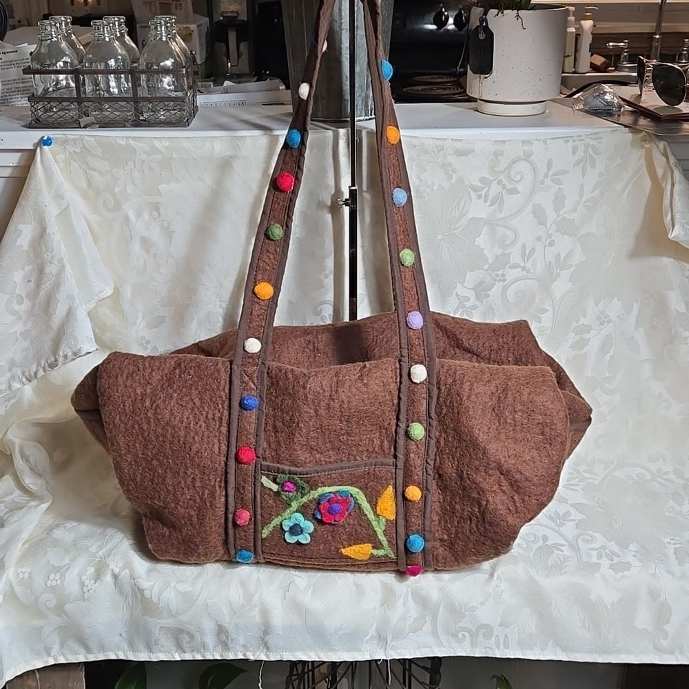 Brown Wool Pom Pom Floral Applique Medium Duffle Bag NWT